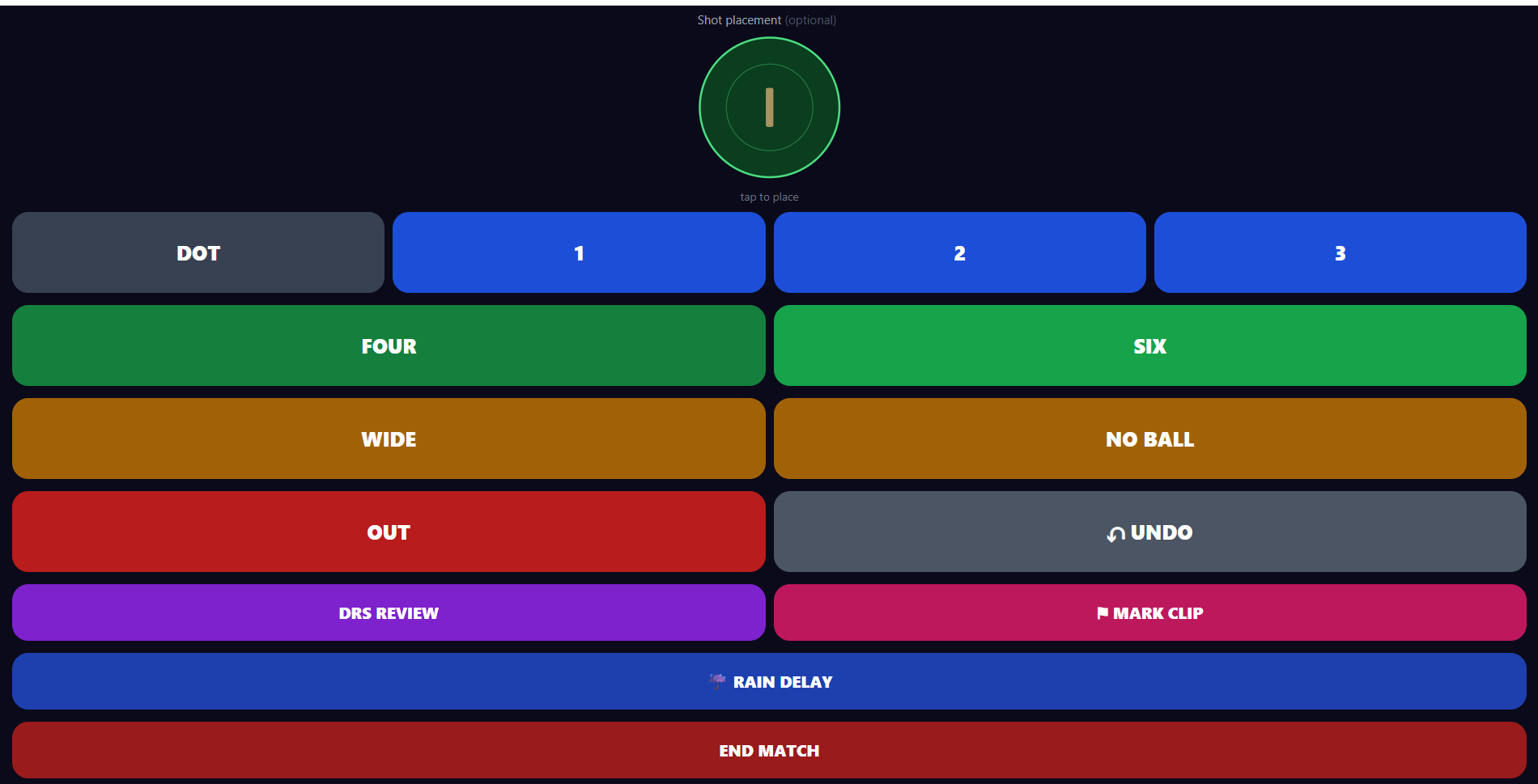 SportBoard Pro operator scoring screen with ball-by-ball shot placement